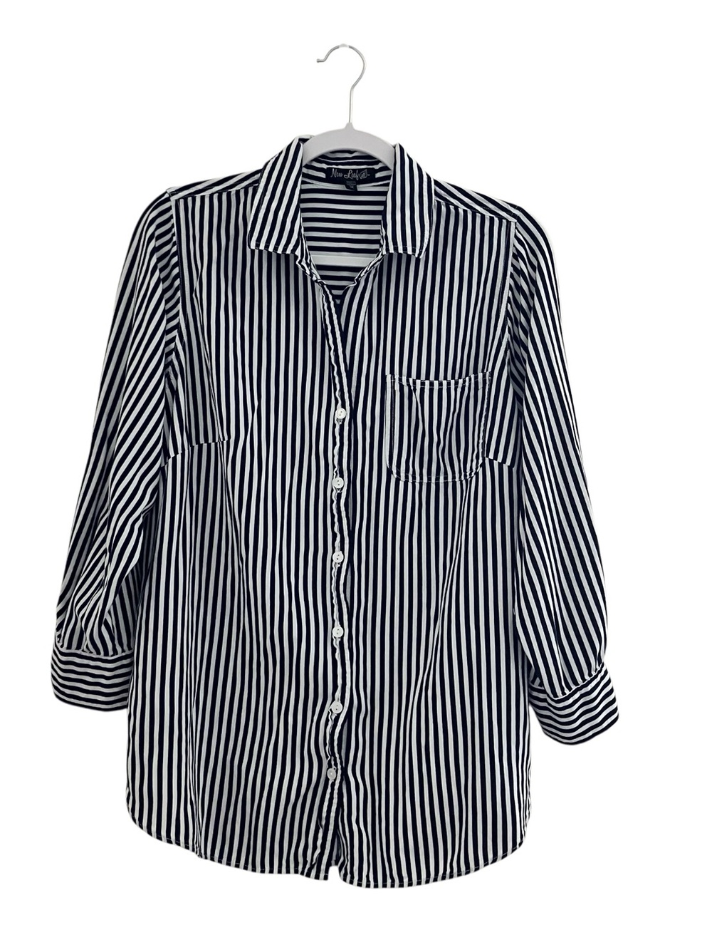 New Leaf Women's Navy Blue & White Striped Button-Down Top Rayon Casual - 1X